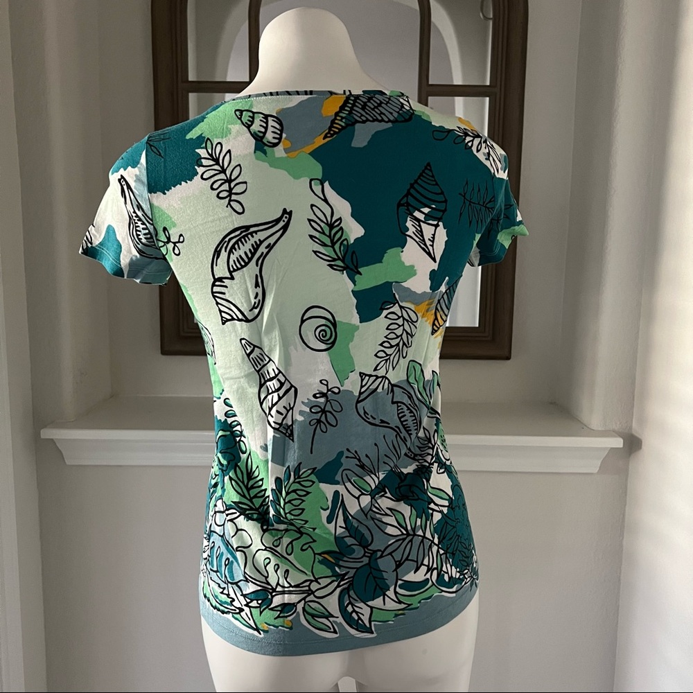 Ann Taylor Crew Neck Top Cotton Marine Green Multi Short Sleeve Size S NEW - Picture 7 of 9